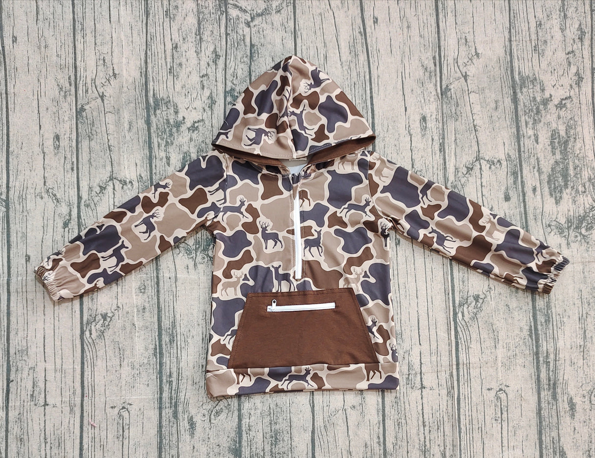 Long sleeves camo deer pocket zipper boy hoodie