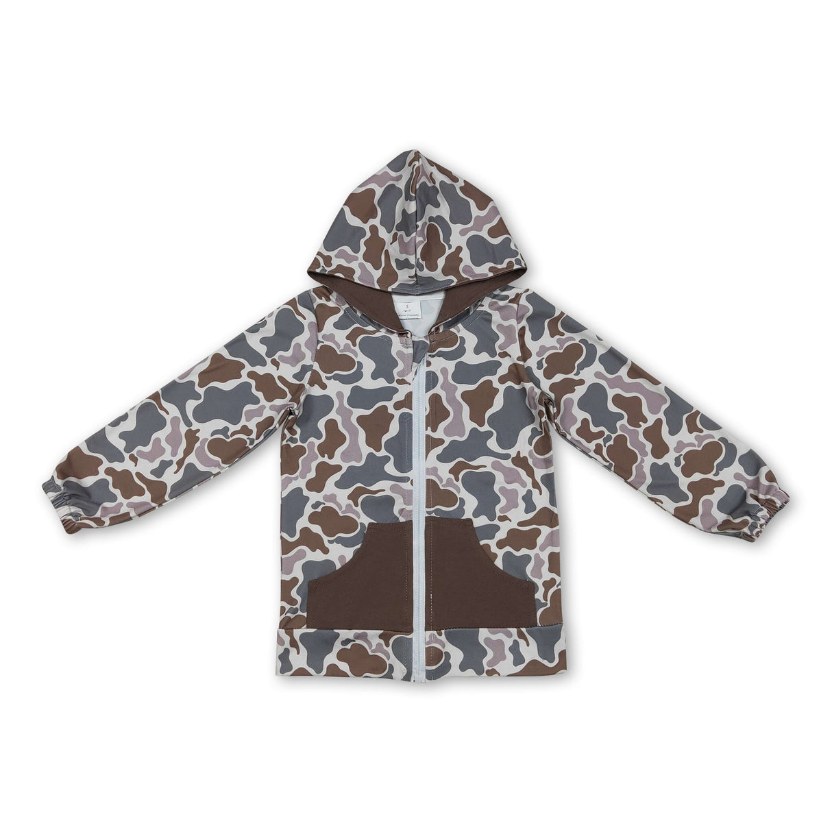 Long sleeves camo pocket zipper kids hooded jacket