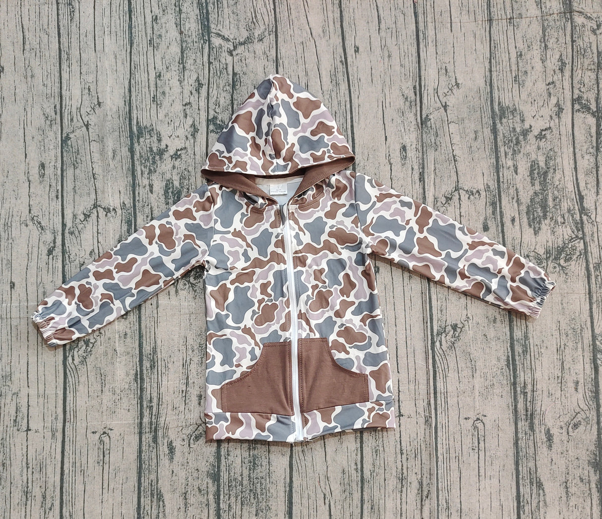 Long sleeves camo pocket zipper kids hooded jacket