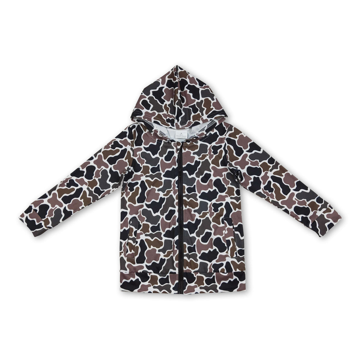 Long sleeves black brown camo pocket zipper boy hoodie