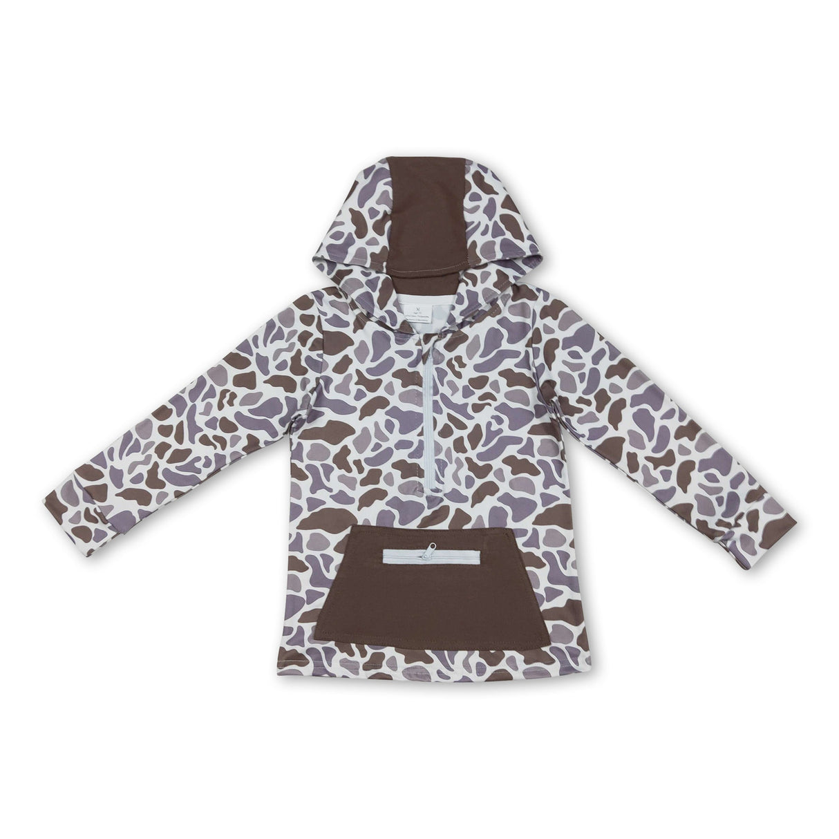 Long sleeves brown camo pocket zipper boy hoodie