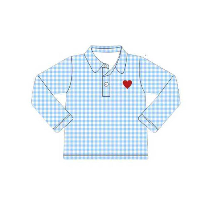 blue plaid long sleeves red heart kids boys valentine shirt