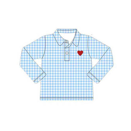 blue plaid long sleeves red heart kids boys valentine shirt