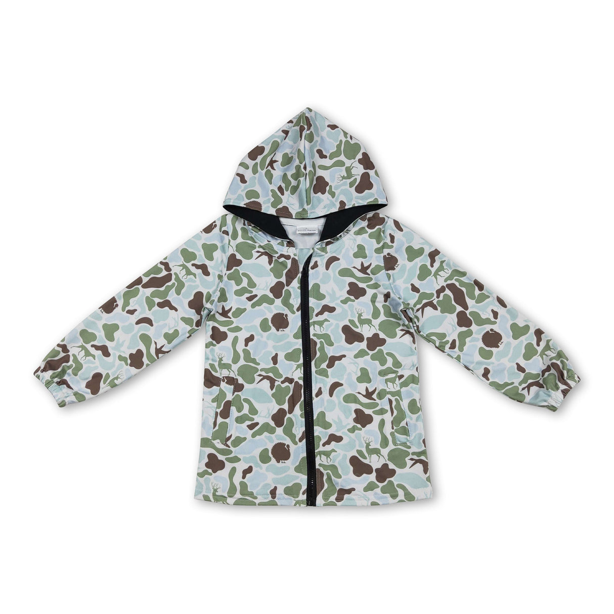 Green camo deer duck hunting boys zipper hooded jacket