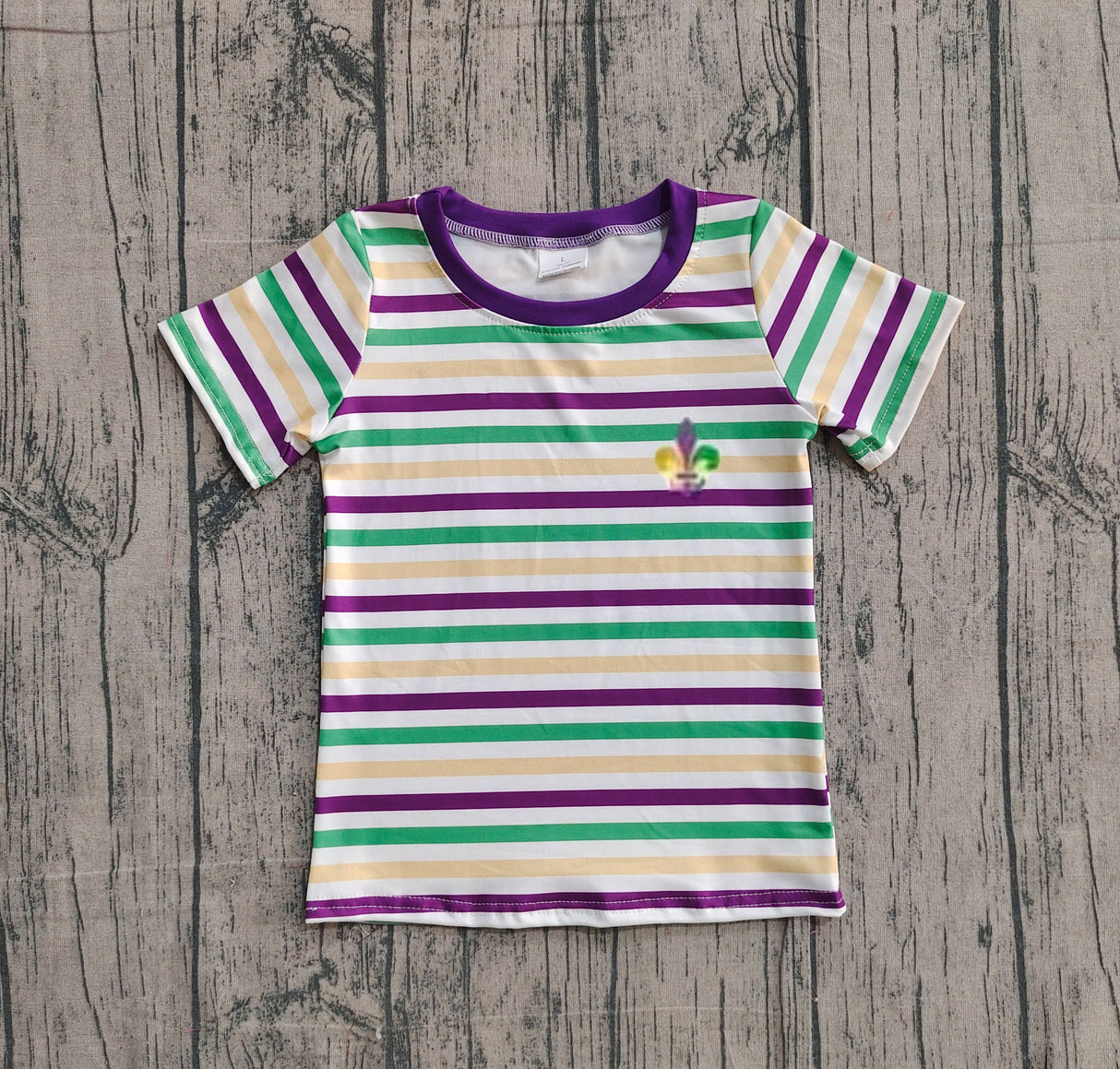 Short sleeves purple yellow green stripe boys Mardi Gras shirt