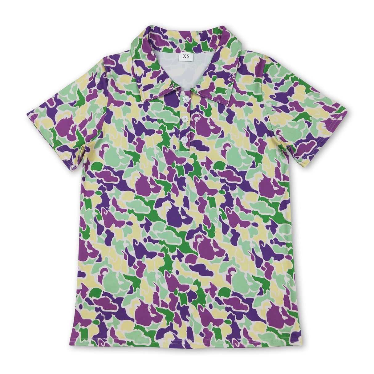 Purple yellow green camo men's Mardi Gras polo shirt
