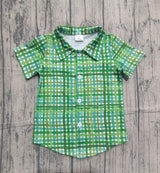 Short sleeves green plaid kids boys St Patrick's button down shirt