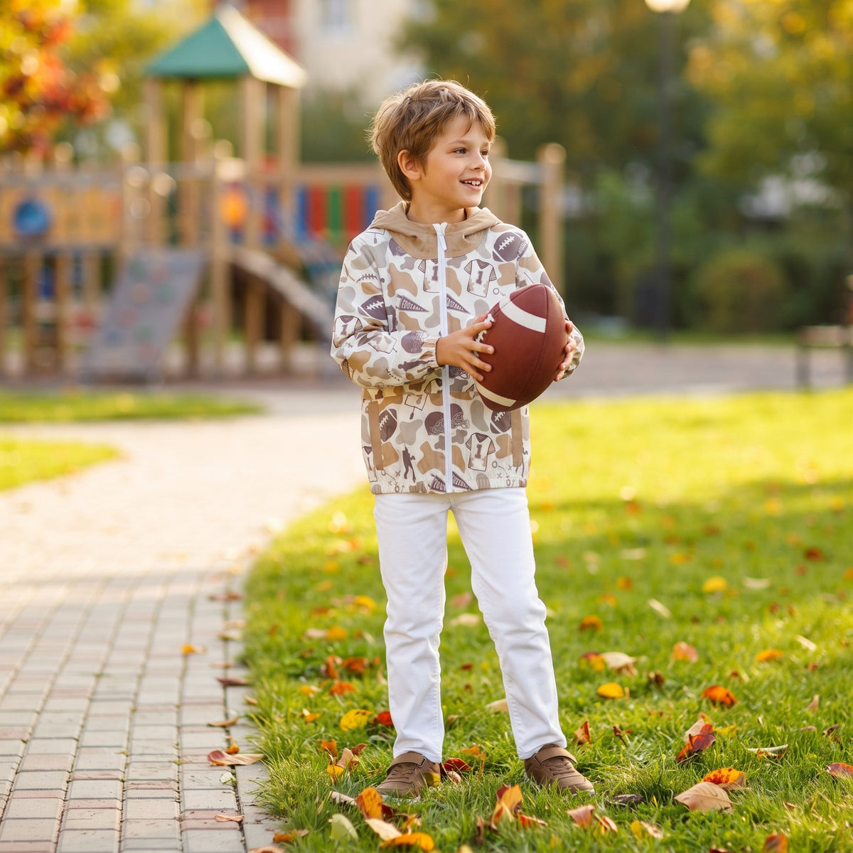 Long sleeves camo football pocket kids boys hooded jacket