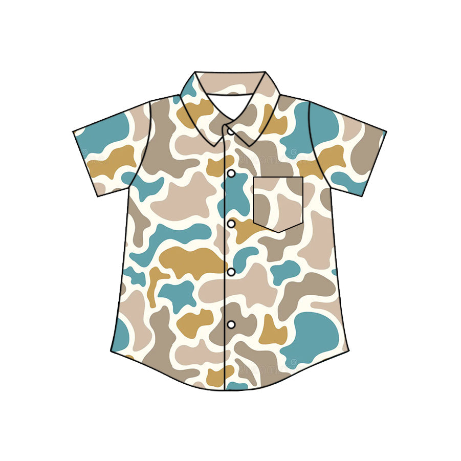 Blue camo kids boys summer button down shirt