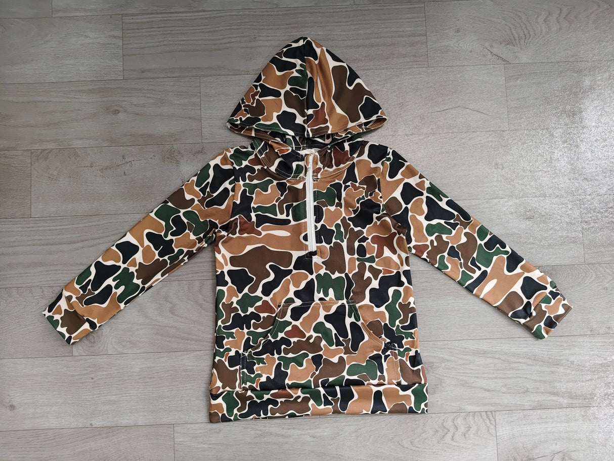 Long sleeves brown camo pocket zipper kids boys fall hoodie