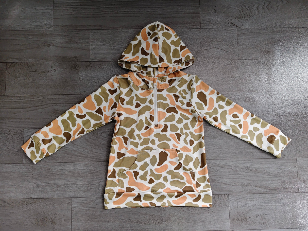 Long sleeves green camo pocket zipper kids boys fall hoodie