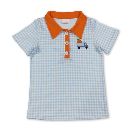 Plaid pumpkin embroidery boy fall polo shirt