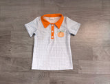Plaid orange pumpkin embroidery boy fall polo shirt