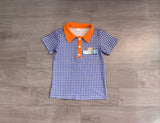 Blue plaid orange pumpkin embroidery boy fall polo shirt