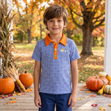 Blue plaid orange pumpkin embroidery boy fall polo shirt