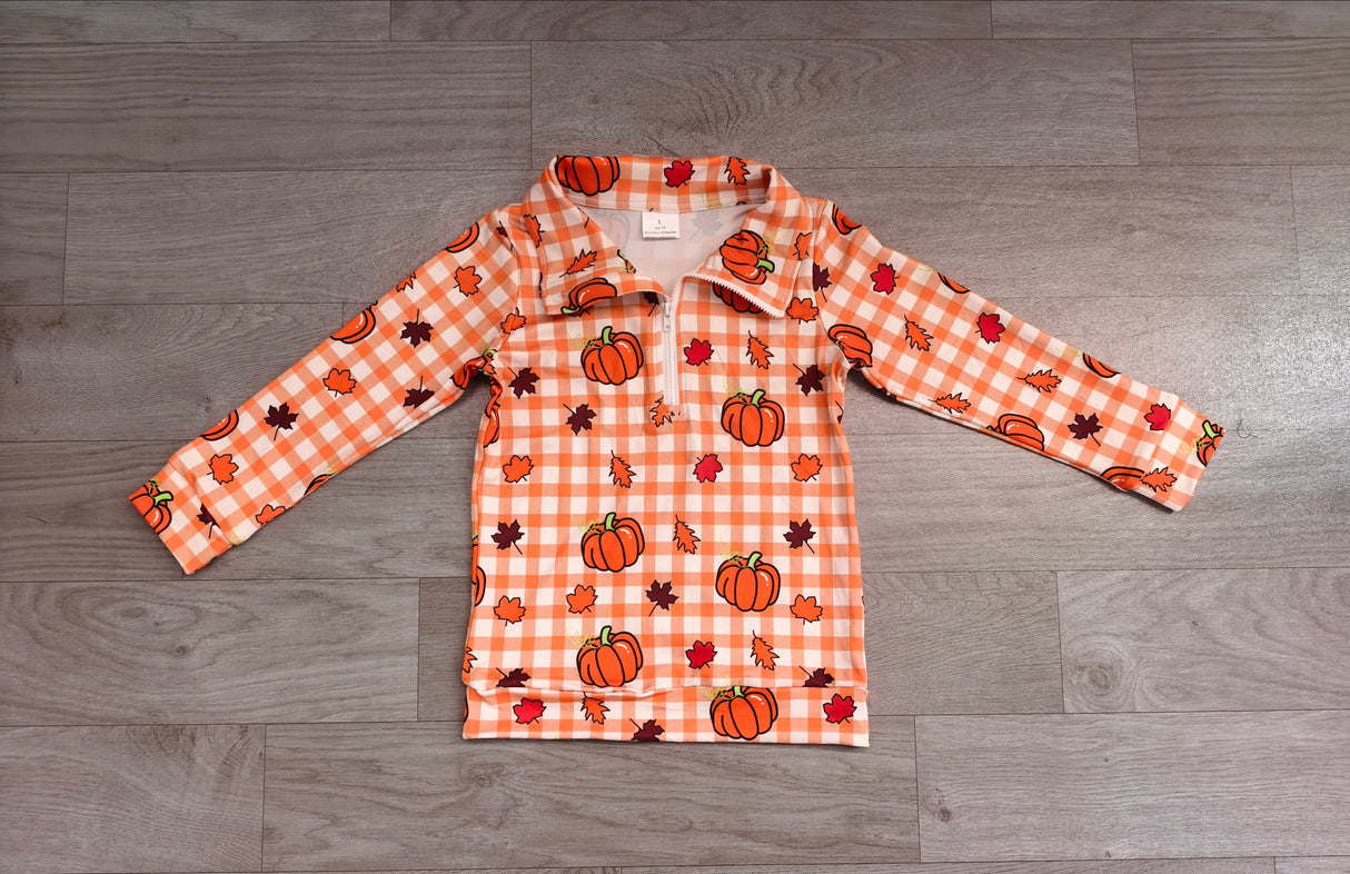 Plaid pumpkin leaves kids boys zipper fall pullover