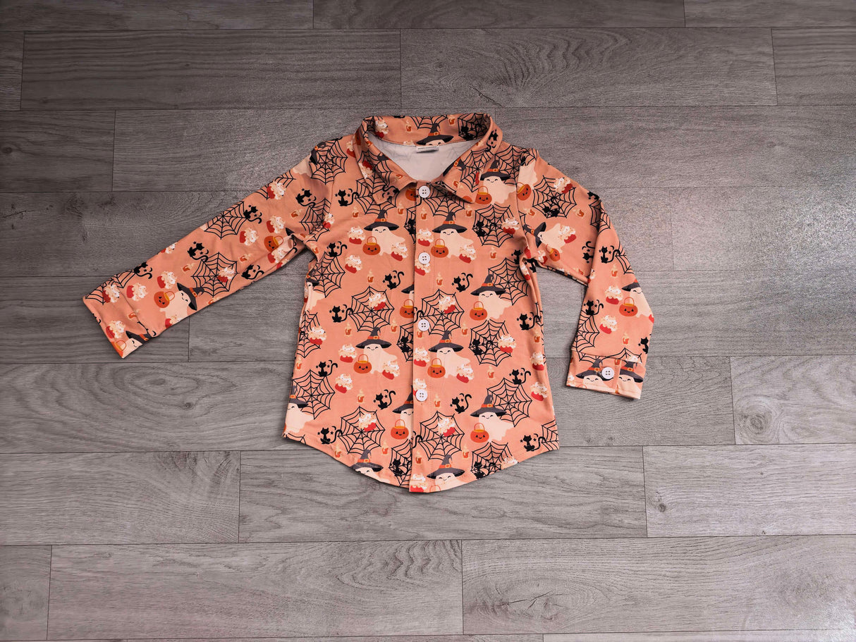 Pumpkin ghost boy Halloween button down shirt