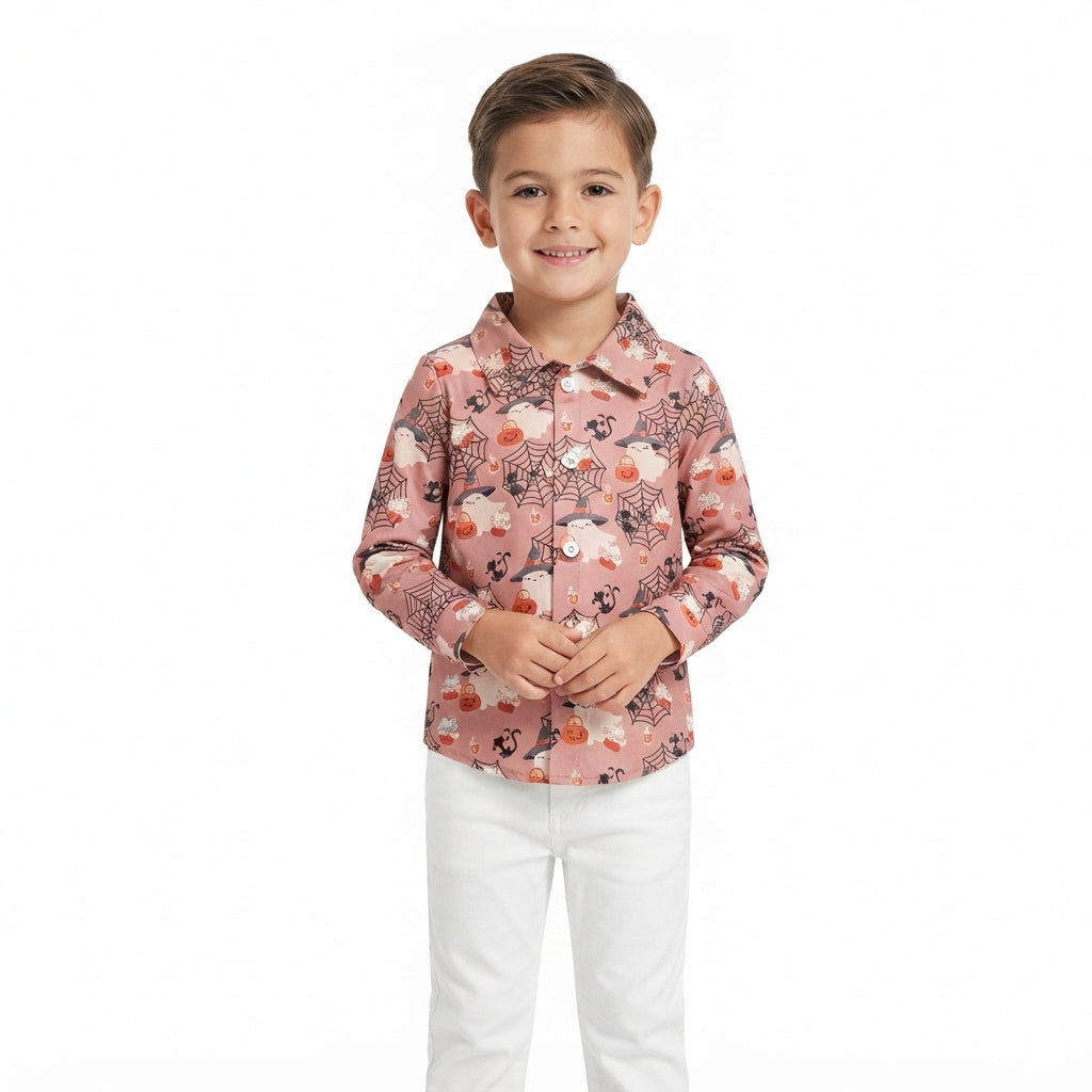 Pumpkin ghost boy Halloween button down shirt