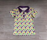Purple green yellow camo boys Mardi Gras polo shirt