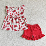 Crawfish crab print flutter sleeve red shorts girls summer outfits