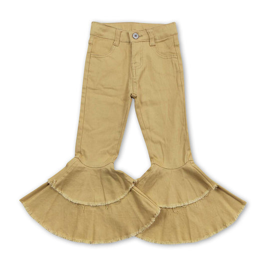 Yellow color adjustable waistband ruffle bell bottom denim pants