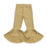 Yellow color adjustable waistband ruffle bell bottom denim pants
