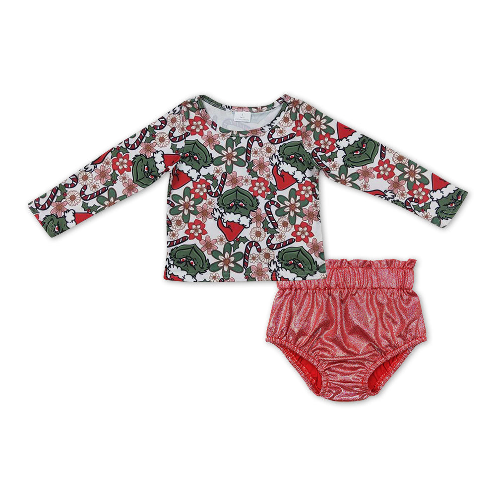 Floral green face top bummies girls Christmas outfits