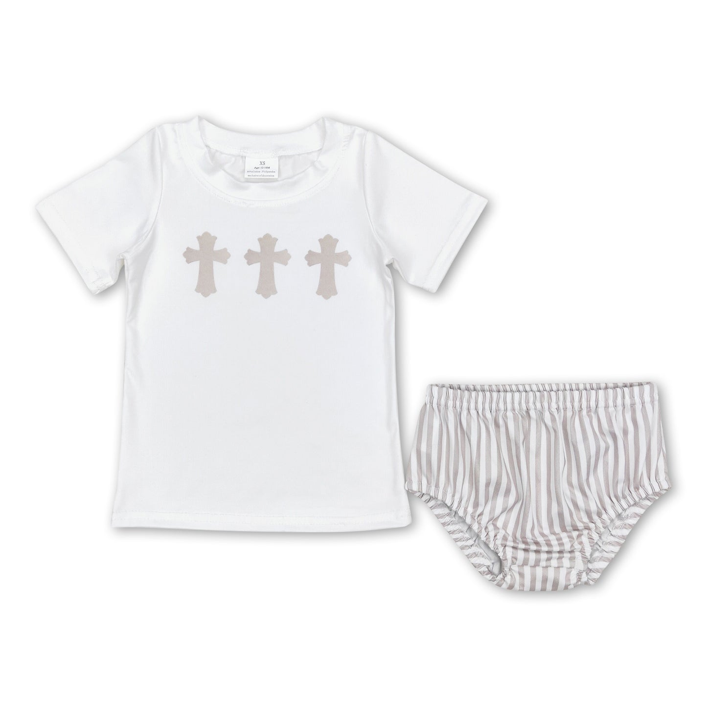 White cross top khaki stripe bummies baby boy easter set