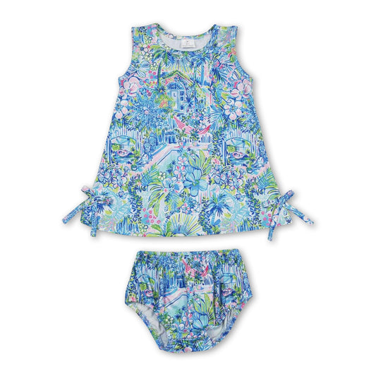 Sleeveless green blue watercolor girls bummies set