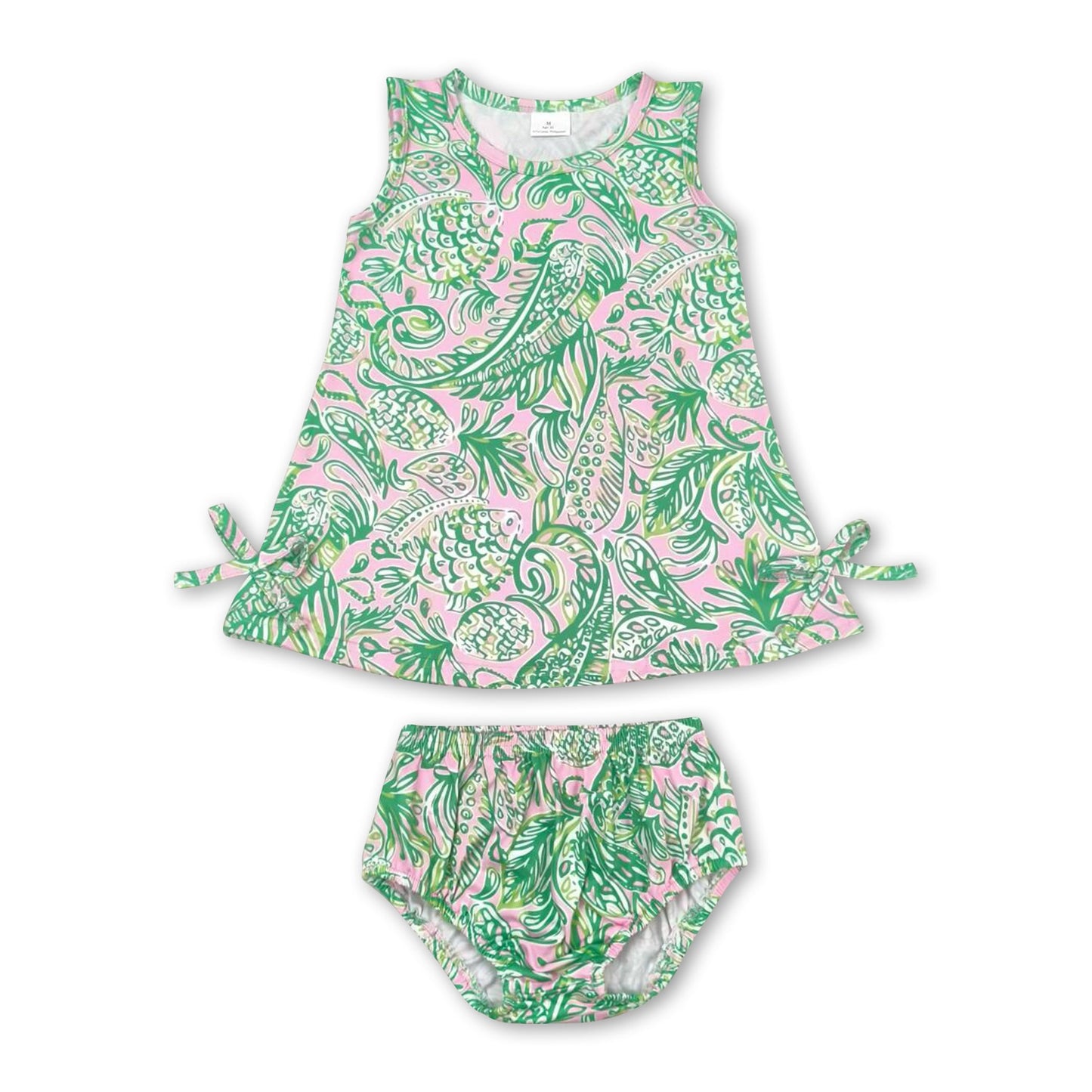 Sleeveless green pink watercolor baby girls bummies set