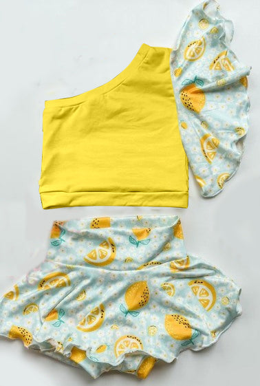 One shoulder ruffle lemon baby girls summer bummies set