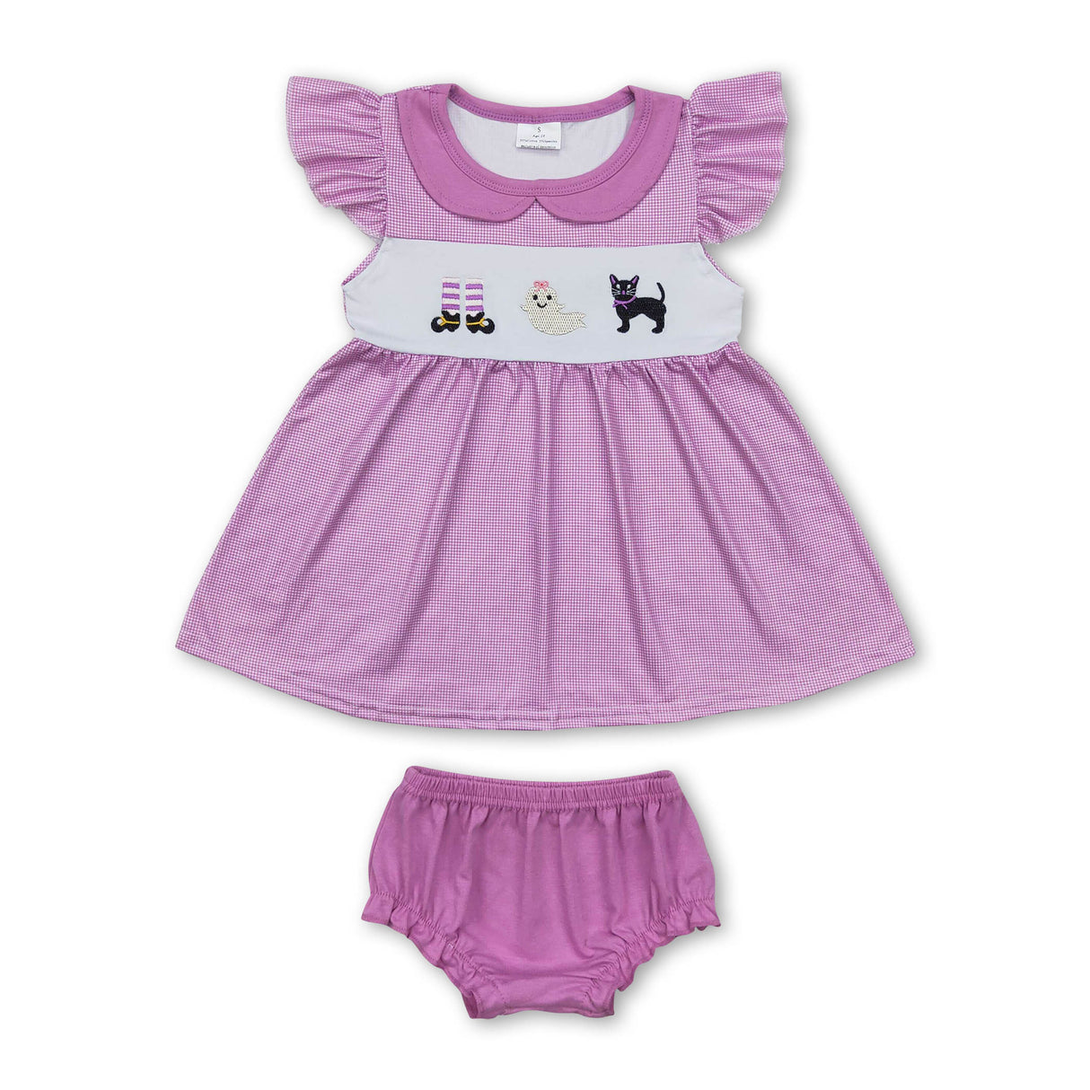 Purple plaid cat tunic bummies baby girls Halloween set
