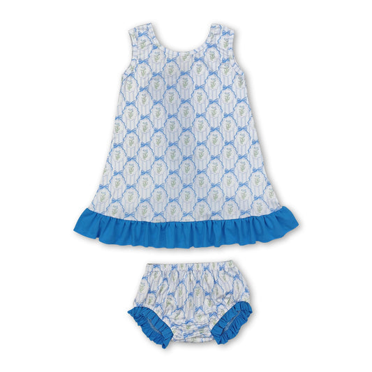 Sleeveless stripe light blue floral baby girls bummies set