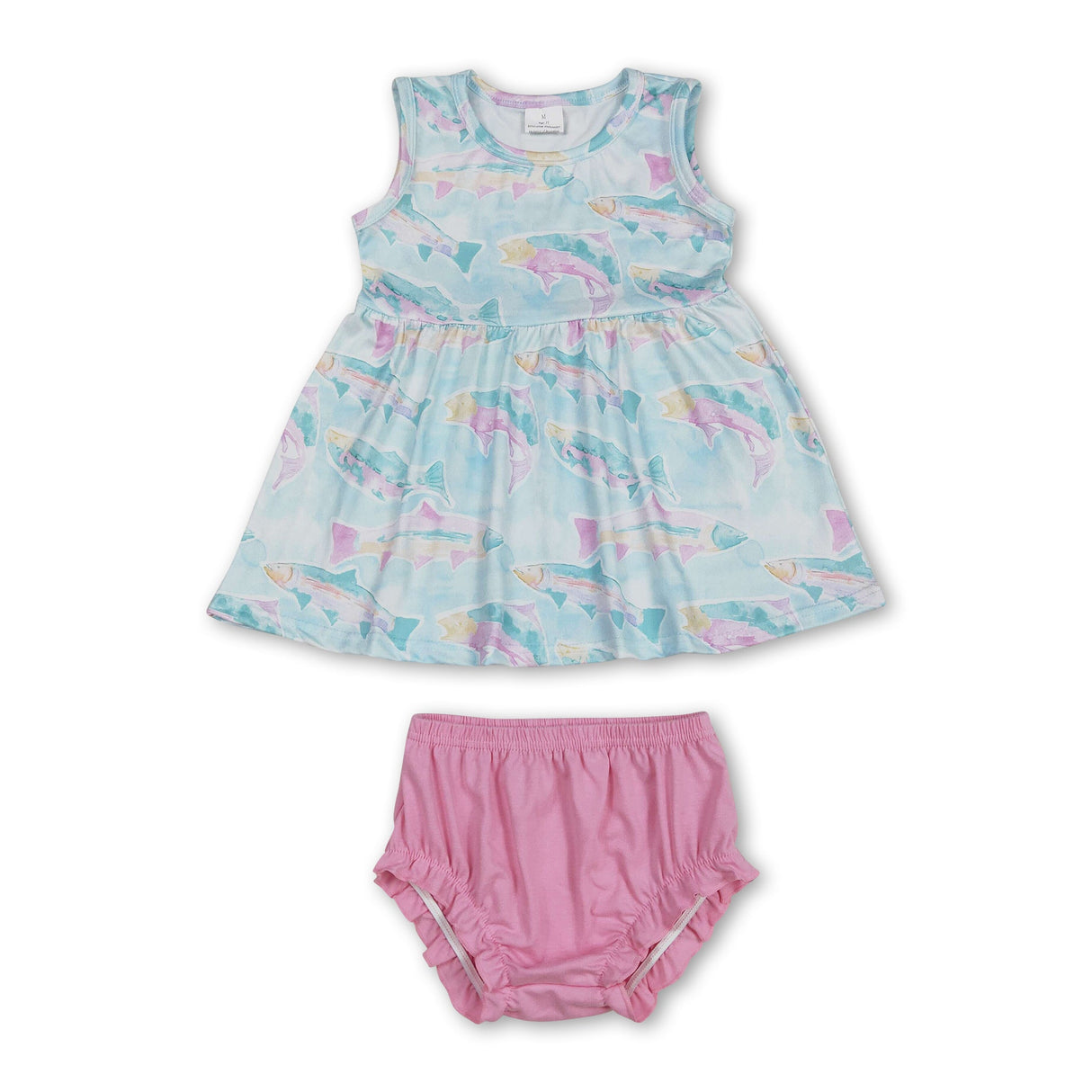 Sleeveless watercolor fish top bummies baby girls clothes