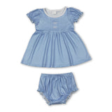 Stripe short sleeves bow embroidery tunic bummies girls set