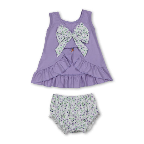 Lavender floral bow goose top bummies baby girls set