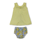 Sleeveless yellow plaid top floral bummies baby girls set