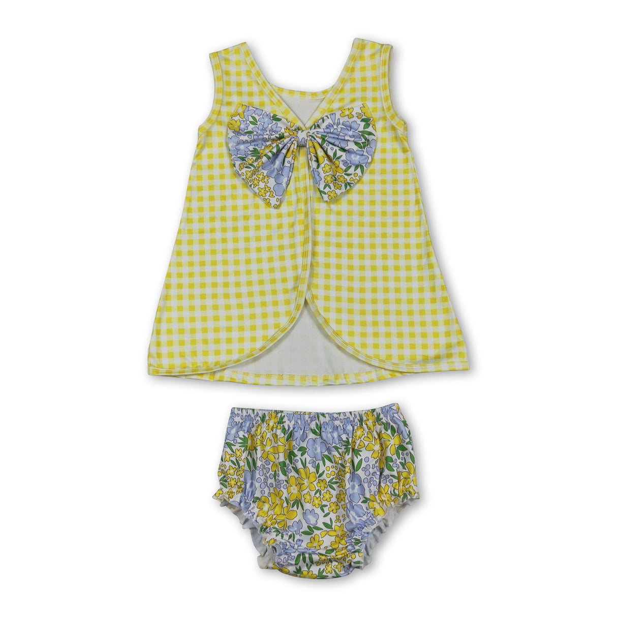 Sleeveless yellow plaid top floral bummies baby girls set