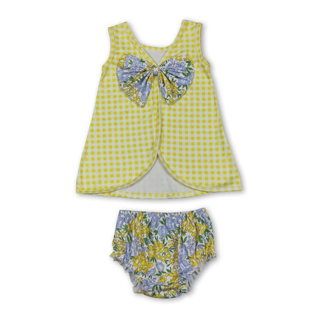 Sleeveless yellow plaid top floral bummies baby girls set