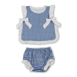 Ruffle bow blue plaid baby girls summer bummies set