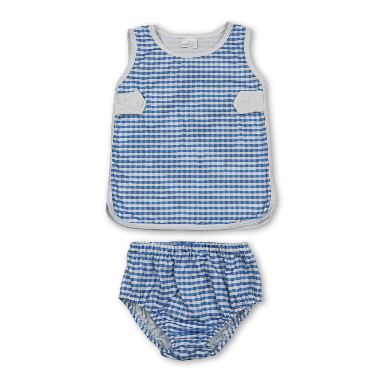 Sleeveless top light blue plaid bummies baby girls set