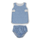 Sleeveless top light blue plaid bummies baby girls set