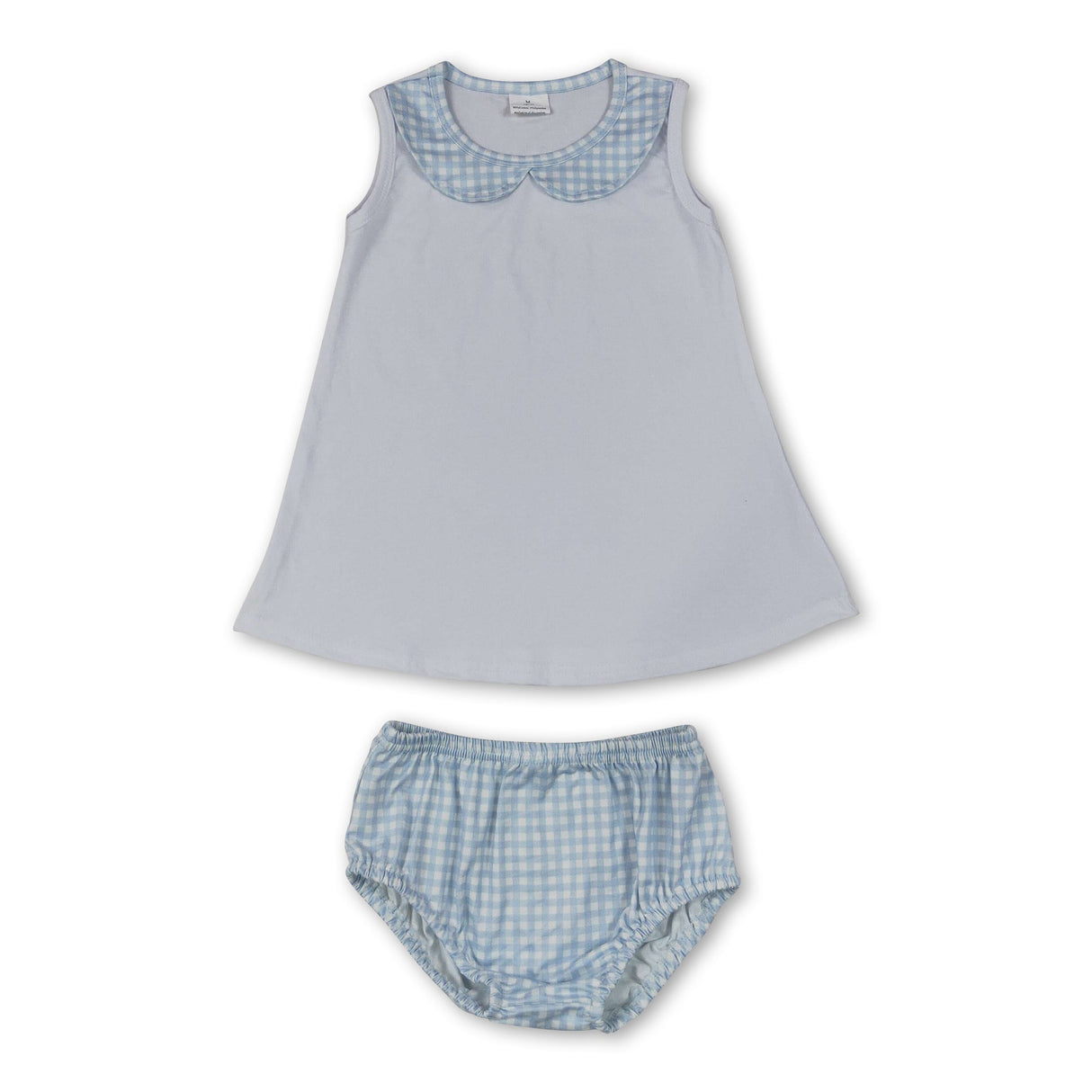 Sleeveless white top blue plaid bummies baby girls outfits