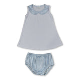 Sleeveless white top blue plaid bummies baby girls outfits