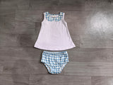 Sleeveless white top blue plaid bummies baby girls outfits