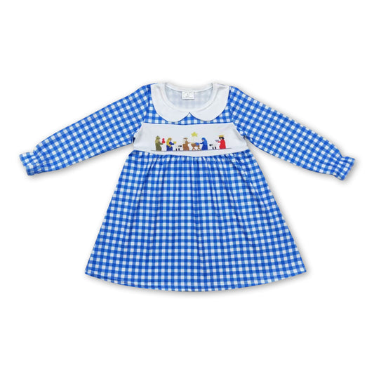 Long sleeves blue plaid nativity girls Christmas dresses