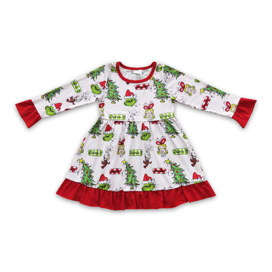 Green face Christmas tree long sleeves baby girls dresses