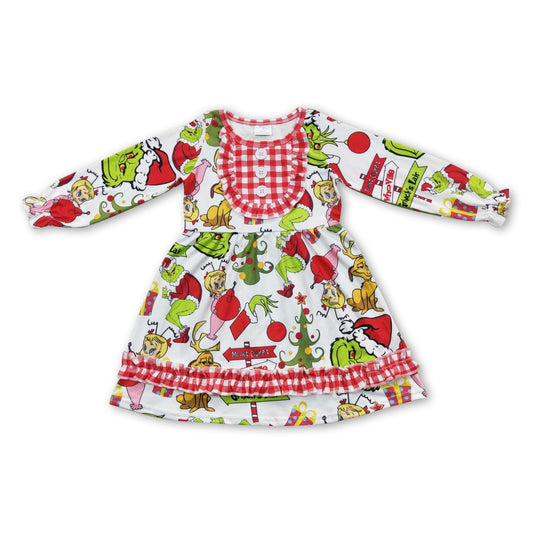 Plaid gifts green face long sleeves girls Christmas dresses