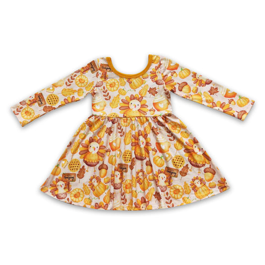 Long sleeves pumpkin turkey baby girls Thanksgiving dress