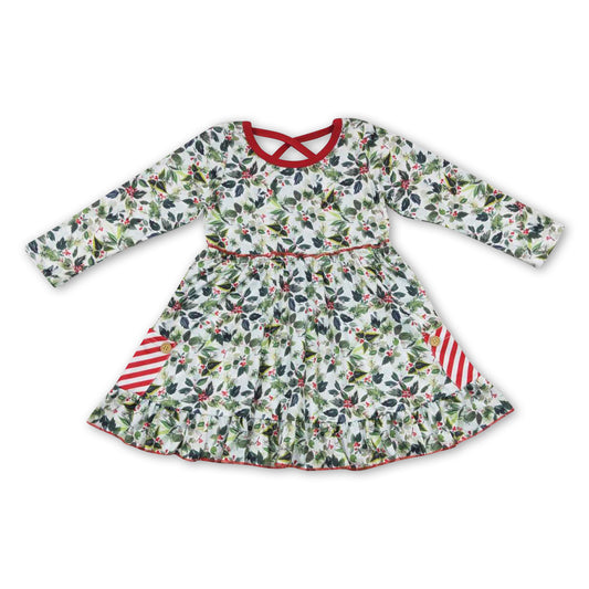 Red stripe pockets floral girls Christmas dresses